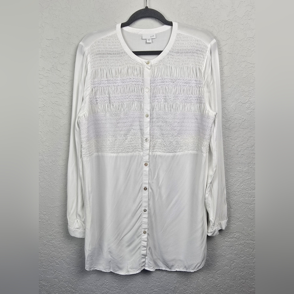 J. Jill Smocked White Button Up Minimalist Long Sleeve Tunic Top Women's sz L